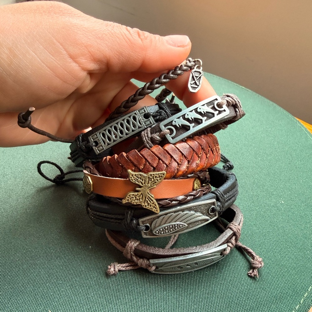 [SOLD] 7 Leather Bracelet Set Men Women Unisex Braided Cuff Metal Stackable